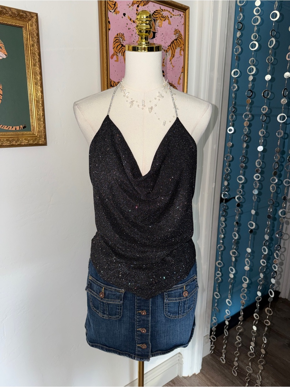 Vintage Y2K Sparkle Cowl Halter Top - Black